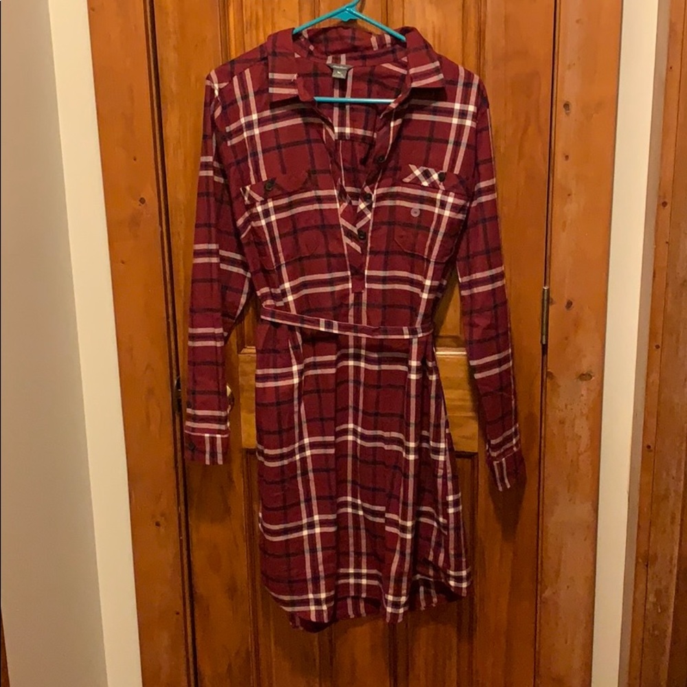 Eddie Bauer maroon plaid flannel shirt dress sz 12